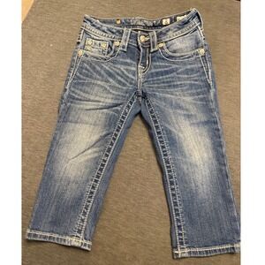 Miss Me Girls Cuffed Capri Jeans Size 8 Medium Wash Floral Embroidered JK7523P